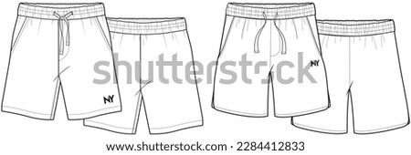 mens elastic waist drawstring shorts flat sketch vector illustration front and back view technical cad drawing template