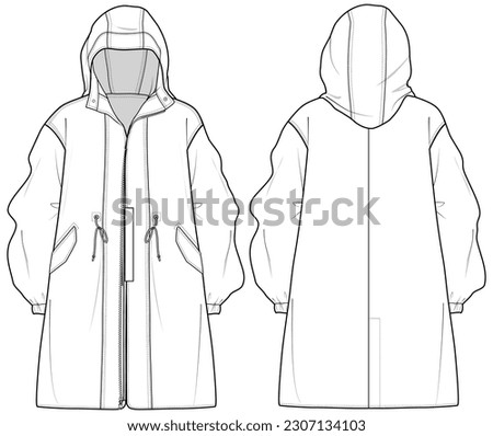 womens knee length hooded trail jacket flat sketch vector illustration front and back view waterproof rain coat technical cad drawing template