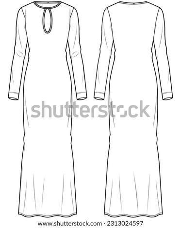 womens long sleeve keyhole neck maxi dress flat sketch vector illustration technical cad drawing template