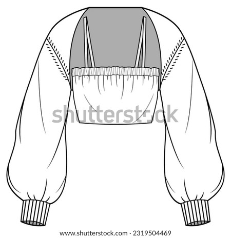 womens long sleeve bolero and bralette flat sketch vector illustration technical cad drawing template