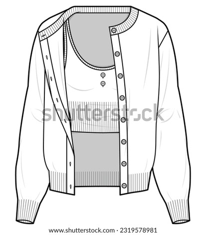 womens long sleeve crew neck cardigan flat sketch vector illustration technical cad drawing template
