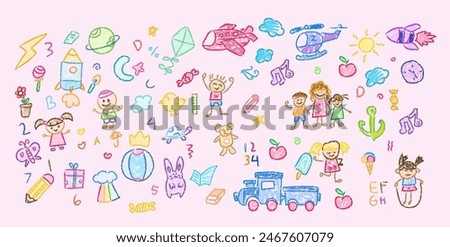 Children drawings with crayon. Kids doodle drawing, children crayon drawing and hand drawn kid ice cream, plane, helycopter, train, rocket and plane pastel pencil doodle vector illustration