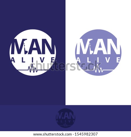 man alive logo with the shape of a man's head between the MAN logo name and the frequency of the heartbeat has its own uniqueness with masculine colors, making this design modern, unique, elegant, sim