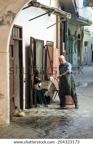 NOVEMBER 3.2013-TANGIER, MOROCCO: In the photo we see an iron worker in the old medina of Tangier
