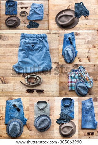 Collage of Set of clothes and various accessories for men on old wooden table