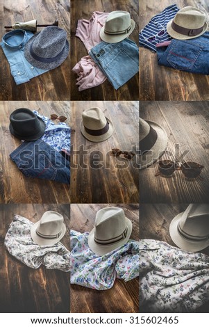 Set of clothes and various accessories for men on old wooden table