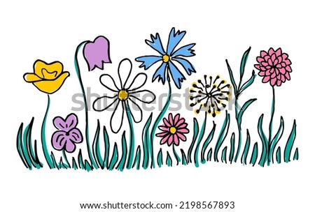 Childlike drawing of flowers in line. cildren's draw set flowers that are blooming, vector kids hand drawing flower, ilustrator image flower tshirt wix