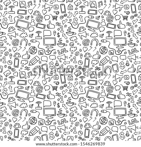 Social media doodle seamless pattern. Repeated ornament with hand drawn elements on white background. Vector illustration.