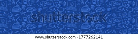 Online education hand drawn seamless web banner. E-learning doodles on blue background. Vector illustration.
