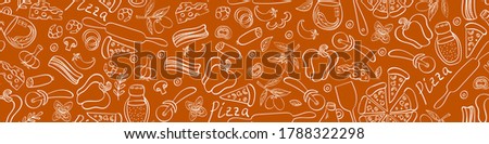 Pizza with ingredients and supplies hand drawn seamless border. Food doodles on brown background. Vector illustration.