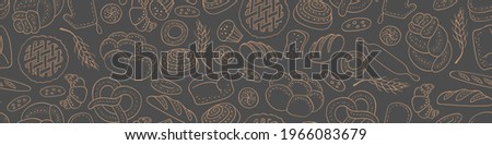 Hand drawn bakery seamless pattern. Horizontal border with food doodles. Vector illustration.