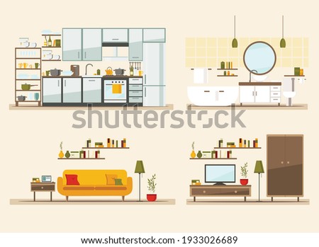 set with interiors, bathroom, living room and bedroom, flat vector illustration of rooms with furniture