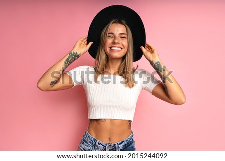 Similar – Image, Stock Photo Woman on top of rock with sea surf