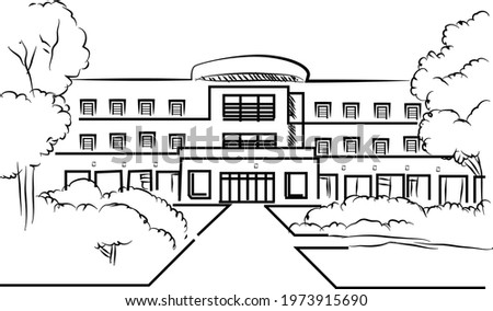 University Highschool Building line art drawing in doodle style 