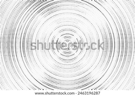 Radial halftone spotted gradient background. Dotted stains concentric texture with fading effect. Black and white circle shade wallpaper. Grunge rough vector. Monochrome geometric backdrop. 