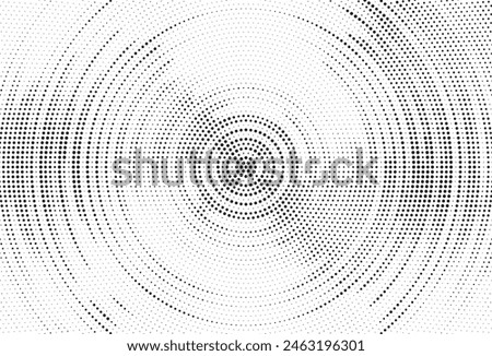 Radial halftone spotted gradient background. Dotted stains concentric texture with fading effect. Black and white circle shade wallpaper. Grunge rough vector. Monochrome geometric backdrop. 