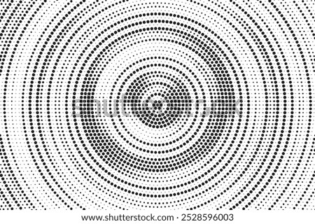 Radial halftone spotted gradient background. Dotted stains concentric texture with fading effect. Black and white circle shade wallpaper. Grunge rough vector. Monochrome geometric backdrop.	