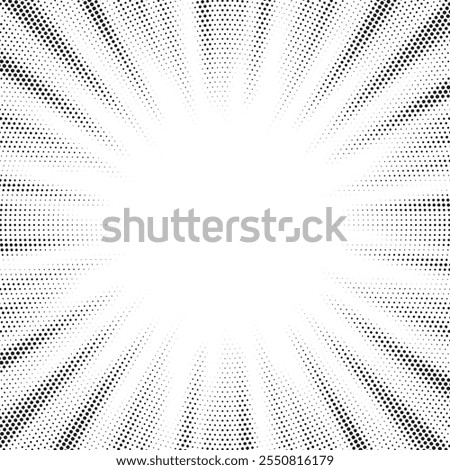 Abstract halftone sunburst background. Pop art comic book strip cover design. Explosion, isolated retro style comics radial background.