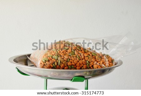 dog food in plastic bag on weighting scale tray