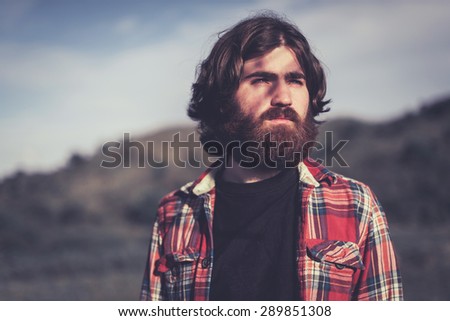 Image, Stock Photo Serious man admiring mountain in nature