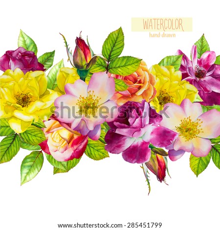 Vector floral background. Watercolor hand-drawn roses and leaves isolated on a white background.