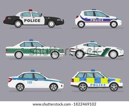 Translation: police. Set of isolated police cars. 4x4, sedan, hatchback, sport car. Flat illustration, icon for graphic and web design. Side view on grey background.