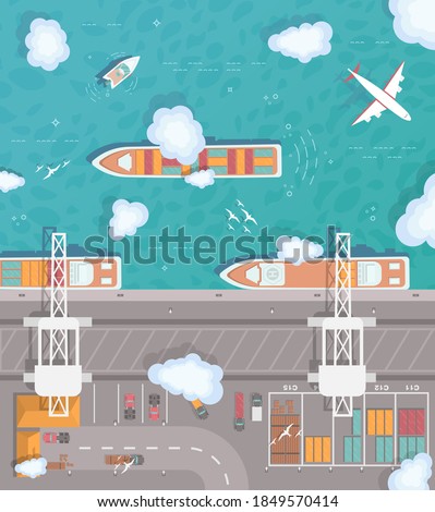 Illustration of a cargo port in flat style. Top view. Container ship, cargo ship, yacht, boat and harbor, industry shipping transport, crane and dock vector. Plane flies over the ocean.
