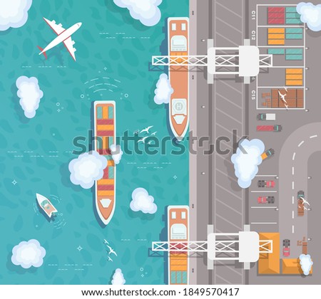 Illustration of a cargo port in flat style. Top view. Container ship, cargo ship, yacht, boat and harbor, industry shipping transport, crane and dock vector. Plane flies over the ocean.