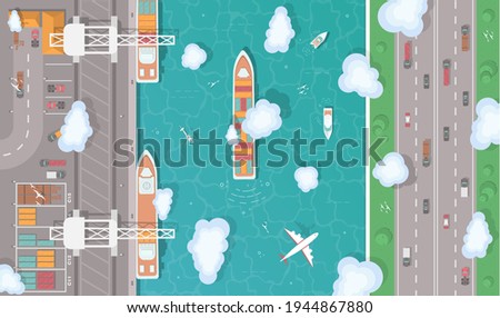 Illustration of a cargo port in flat style. Top view of the harbor. Container ship, yachts, boats, sea transport in the port. Highway top view.