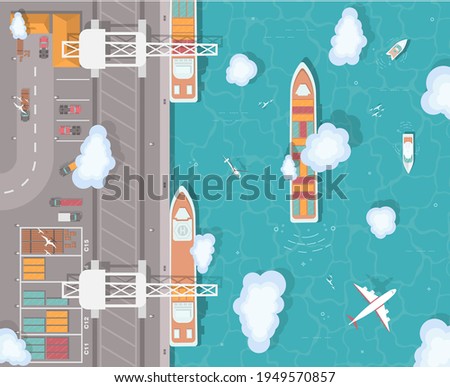 Cargo port in flat style. Top view. Container ship, cargo ship, yacht, boat and harbor, industry shipping transport, crane and dock. 