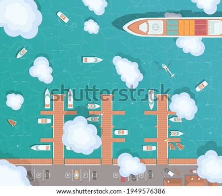 Illustration of a pier in flat style. Top view of the harbor. Wooden piers with boats. Container ship, yachts, boats, sea transport in the port. The helicopter flies over the ocean. 