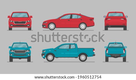 Cars from different sides. Side view, front view, back view. Cartoon car in flat style.