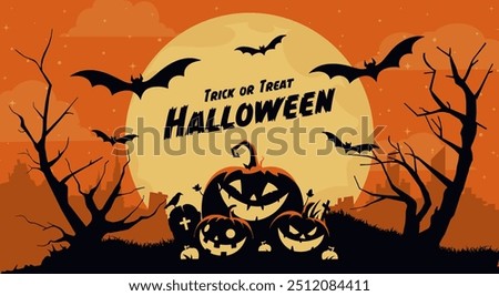 Happy halloween banner or party invitation background with violet fog clouds, ghost and pumpkins