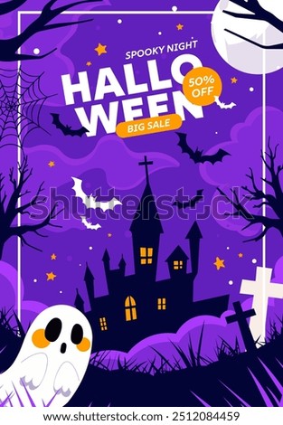 Happy halloween banner or party invitation background with violet fog clouds, ghost and pumpkins