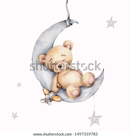 Watercolor hand draw illustration brown teddy bear boy sleeping on the moon with airplane toy in his hand; can be used for cards, invitations, baby shower, posters; with white isolated background
