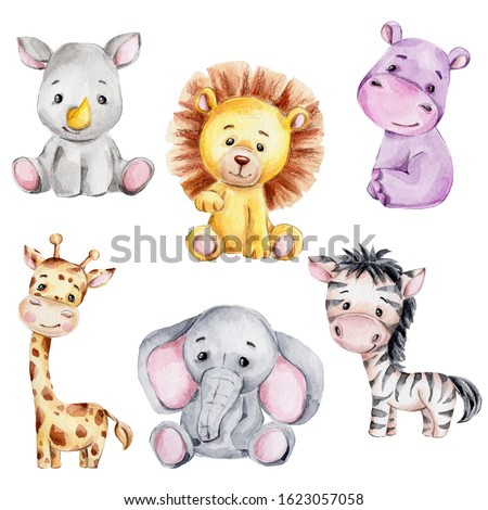Set with cute cartoon giraffe, zebra, rhinoceros, elephant, hippopotamus and lion; watercolor hand draw illustration; with white isolated background