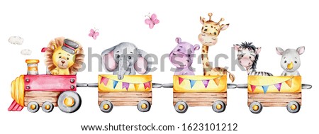 Cartoon train with lion driver and elephant, rhinoceros, giraffe, hippopotamus and zebra on waggons; watercolor hand draw illustration; with white isolated background