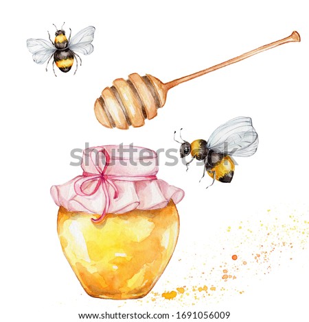 Jar with honey, two bees and honey spoon; watercolor hand draw illustration; with white isolated background
