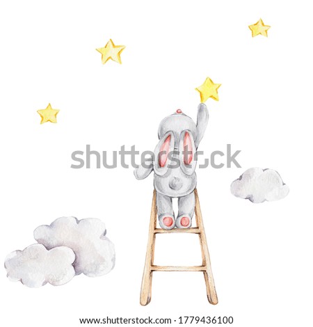 Cute cartoon bunny on the stairs and yellow stars and clouds; watercolor hand draw illustration; can be used for kid posters or baby shower; with white isolated background
