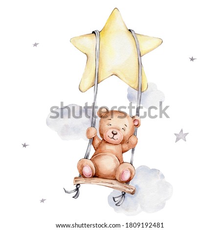 Cute teddy bear swinging on a swing on a star; watercolor hand draw illustration; can be used for kid poster or baby shower; with white isolated background