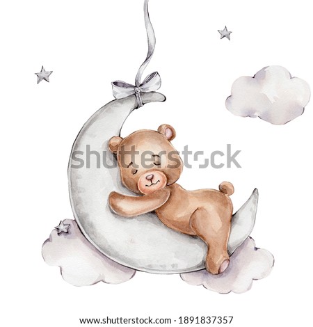 Cute teddy bear sleeps on the moon; watercolor hand drawn illustration; can be used for baby showers or postcards; with white isolated background