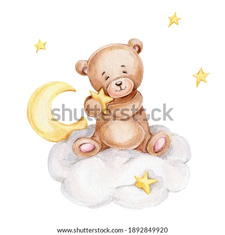 Cute teddy bear sitting on the cloud with stars; watercolor hand drawn illustration; can be used for baby shower or postcard; with white isolated background