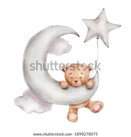 Cute teddy bear with star balloon on the moon; watercolor hand drawn illustration; can be used for kid poster or card; with white isolated background