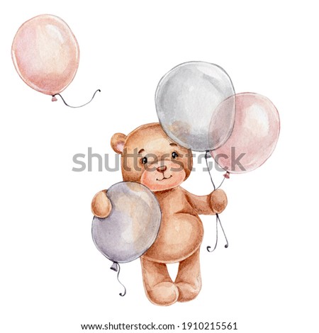 Cute little teddy bear with balloons; watercolor hand drawn illustration; can be used for baby shower or cards; with white isolated background