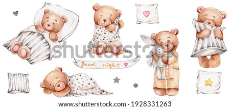 Set of cute teddy bears, pillows and lettering "good night"; watercolor hand drawn illustration; can be used for baby shower or postcards; with white isolated background