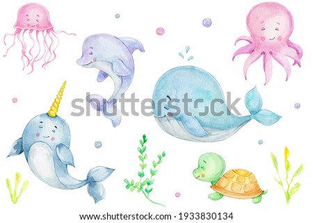 Sea collection with cute whale, dolphin, narwhal, octopus, jellyfish, turtle; watercolor hand drawn illustration; can be used for kid poster; with white isolated background