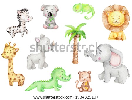 Set with cute animals: elephant, lion, koala, alligator, iguana, monkey, giraffe, rhinoceros; watercolor hand drawn illustration; can be used for kid posters or cards; with white isolated background