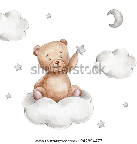 Cute teddy bear with star sits on the cloud; watercolor hand drawn illustration; can be used for baby shower or kid posters; with white isolated background
