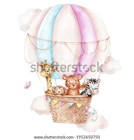Big air balloon with cartoon giraffe, zebra, tiger and monkey; watercolor hand drawn illustration; can be used for kid posters or cards; with white isolated background