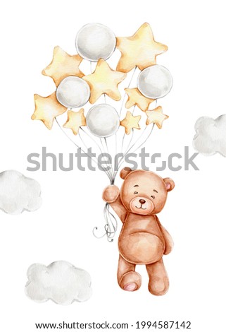 Cute cartoon teddy bear with balloons; watercolor hand drawn illustration; can be used for kid posters or baby shower; with white isolated background